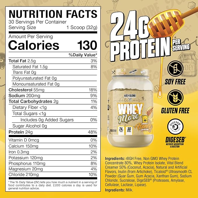 Axe &amp Sledge WHEY More Premium Protein Blend | 24g Protein Whey Concentrate &amp Isolate | Prebiotic Fiber for Enhanced Absorption | Creamy Delicious Versatile | 30 Servings Honey Grizzly Gra
