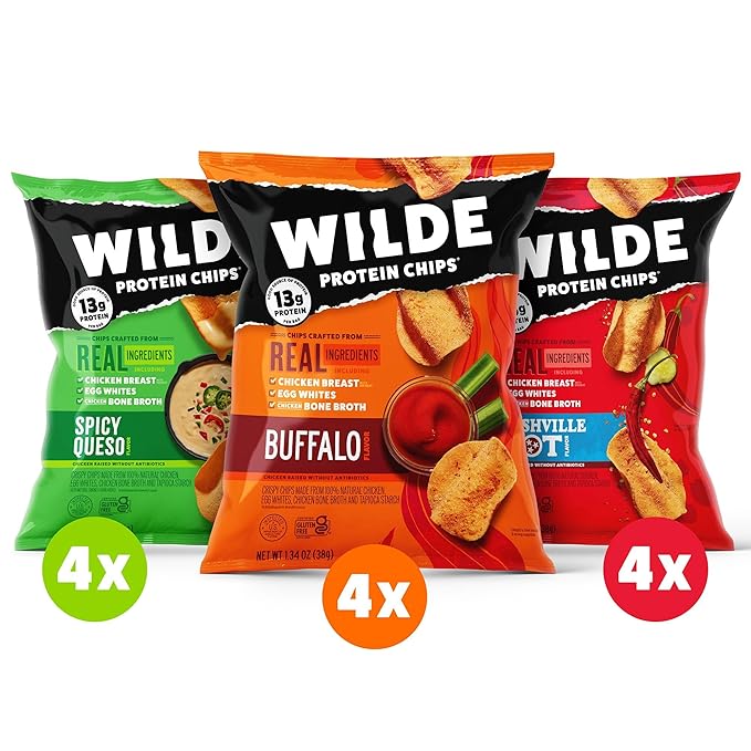 WILDE Protein Chips Spicy Variety Pack Buffalo Spicy Queso Nashville Hot Gluten Free Keto Chips Made With Real Ingredients Protein Snacks Pack of 12