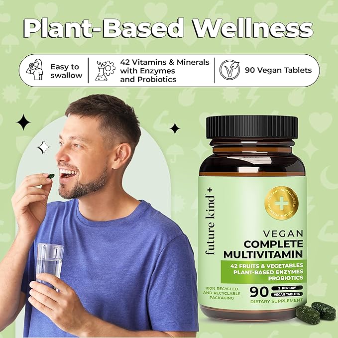 Future Kind Vegan Multivitamins Complete - 42-in-1 Vegan Multivitamins for Women &amp Men with Enzymes B12 Zinc &amp Probiotics for Digestion (90 tabs in Recycled Bottle)