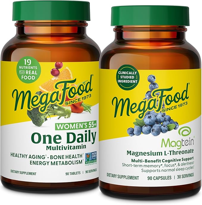 MegaFood Women's 55+ One Daily Multivitamin (90 Tablets) &amp Magtein Magnesium LThreonate (90 Capsules) Bundle - Supports Bones Energy &amp Immune System - Cognitive Support - Gluten Free &amp Ve