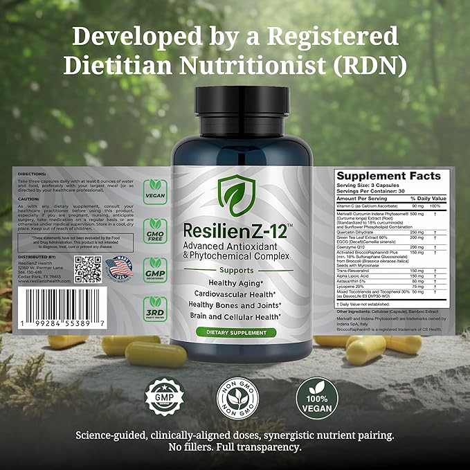 ResilienZ-12 Healthy Aging &amp Cellular Health – 12-in-1 Longevity Antioxidant Complex w/Meriva Curcumin Phytosome Sulforaphane CoQ10 EGCG Resveratrol Quercetin Tocotrienols &amp Astaxanthin