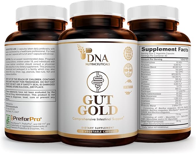 GUT GOLD 5-in-1 Digestive Enzymes Probiotics PreForPro™ Prebiotics Postbiotics Yeast Fermentate &amp Immune Support - For Women's &amp Men's Gut Health - Non-GMO Vegetarian capsules.
