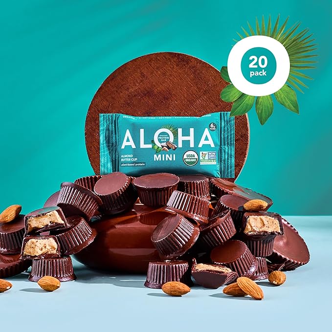 ALOHA Organic Plant Based Protein Bar MINIS | Almond Butter Cup | GLP-1 Friendly 20 Count 24g Bars | Vegan Low Sugar Gluten Free Low Carb Non-GMO No Stevia No Soy No Sugar Alcohols