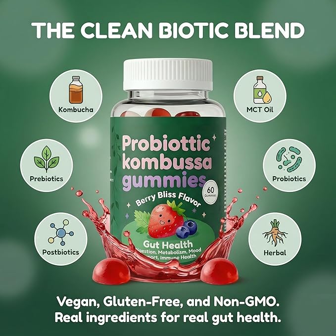 Kombucha Gummies Support Gut Health Prebiotics Probiotics Postbiotics Blend Sugar Conscious Easy to Take Digestive Support 60 Gummies (1pcs)