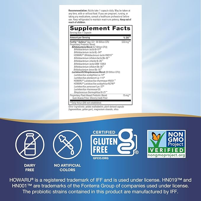 Nature's Way Fortify Optima Probiotic for Adults 50+ 90 Billion Live Cultures 15 Strains Colon Health* Supports Digestive Balance and Immune Health* 30 Capsules (Packaging May Vary)