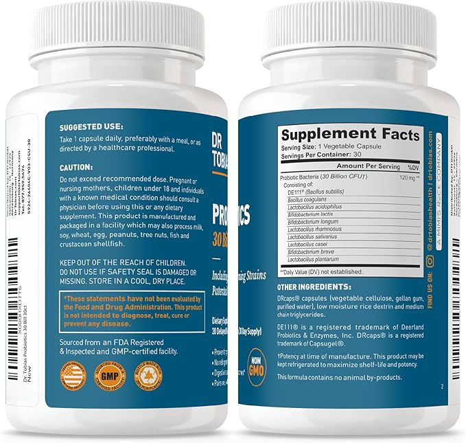 Dr. Tobias Probiotics 30 Billion 10 Strains 30 Billion CFU's Targeted Release Probiotics for Women &amp Men Supports Digestive Health Shelf-Stable Non-GMO 30 Capsules 30 Servings