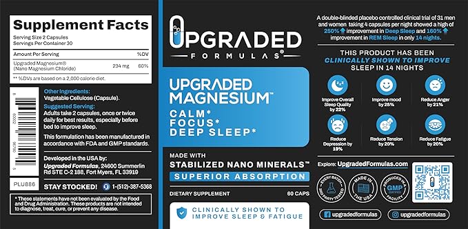 Upgraded Formulas Nano Magnesium Supplement 3rd Party Clinical Trial Improves Deep Sleep up to 250% REM Sleep Up to 160% in only 14 Nights - Enhances Calm 60 Capsules