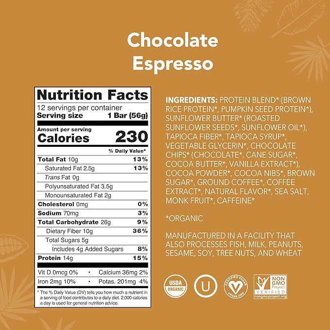 ALOHA Organic Plant Based Protein Bars - Chocolate Espresso (85mg Caffeine) - 12 Bars Vegan Low Sugar Gluten-Free Paleo Low Carb Non-GMO No Stevia No Erythritol