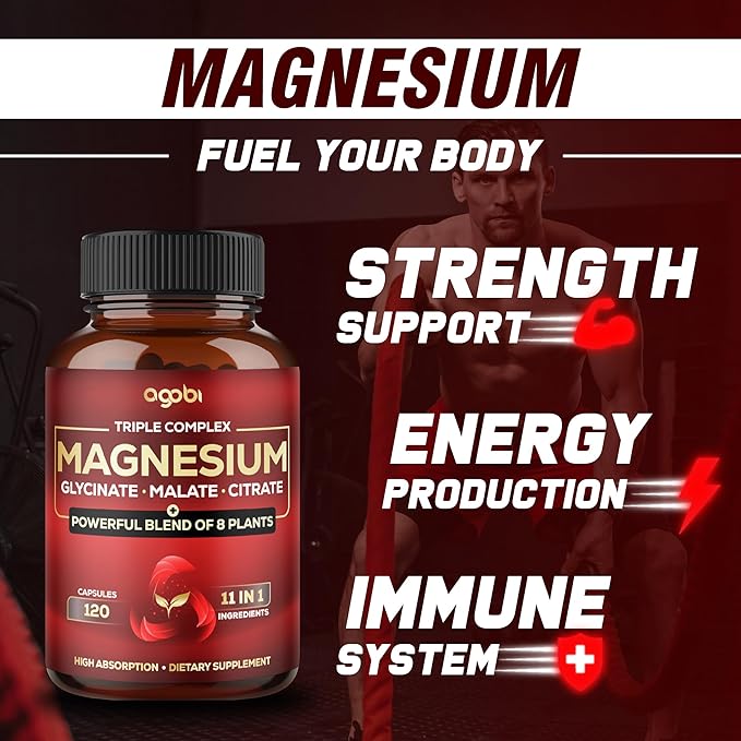 Magnesium Triple Complex - 600mg Magnesium Glycinate Malate &amp Citrate - Added Spinach Swiss Chard &amp Others - Support Calm Restful Mood &amp Muscle Cramp - 120 Capsules