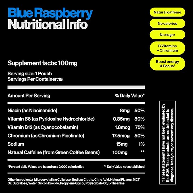 Wip Energy Pouches Sugar Free Blend with 100 MG Natural Caffeine B Vitamins Minerals &amp L Theanine for Energy Support Pre Workout for Active Lifestyles Blue Raspberry 3 Cans 15 Pouches per c
