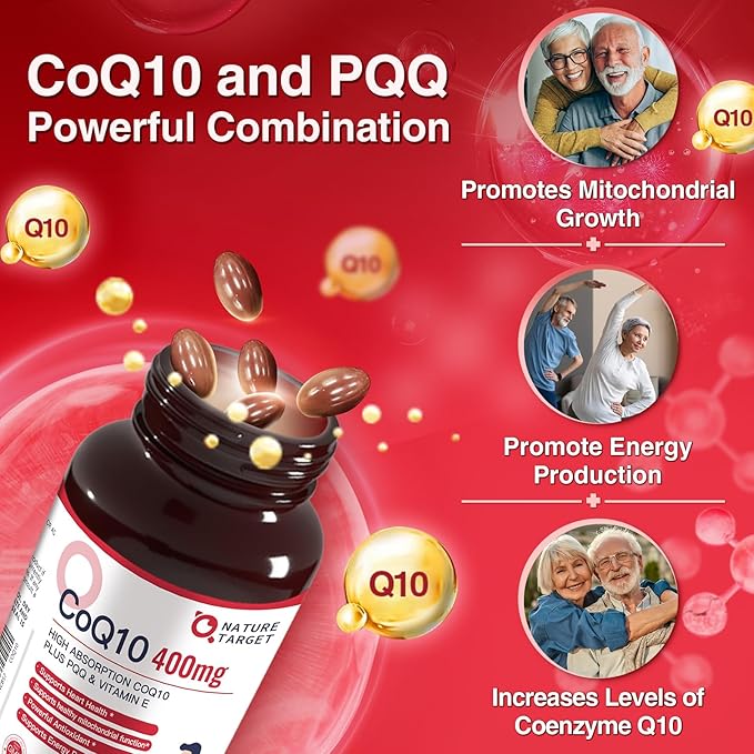 NATURE TARGET CoQ10-400mg Plus PQQ with Vitamin E &amp Organic Olive Oil - Coenzyme-Q10 with BioPerine - High Absorption Antioxidant-for-Heart-Health and Energy Production120 Servings