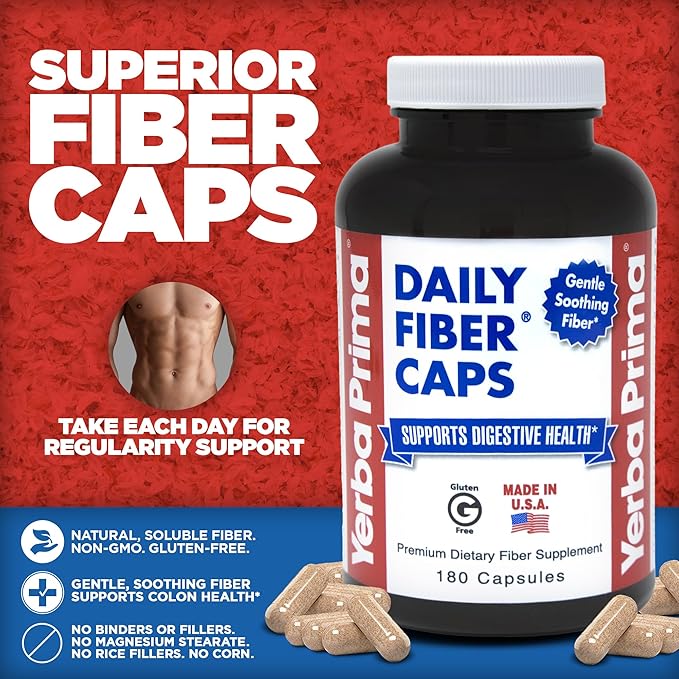 Yerba Prima Daily Fiber Formula - 180 caps (Pack of 2) - Soluble &amp Insoluble Dietary Fiber Supplement - Colon Cleanse - Gut Health - Vegan Non-GMO Gluten-Free