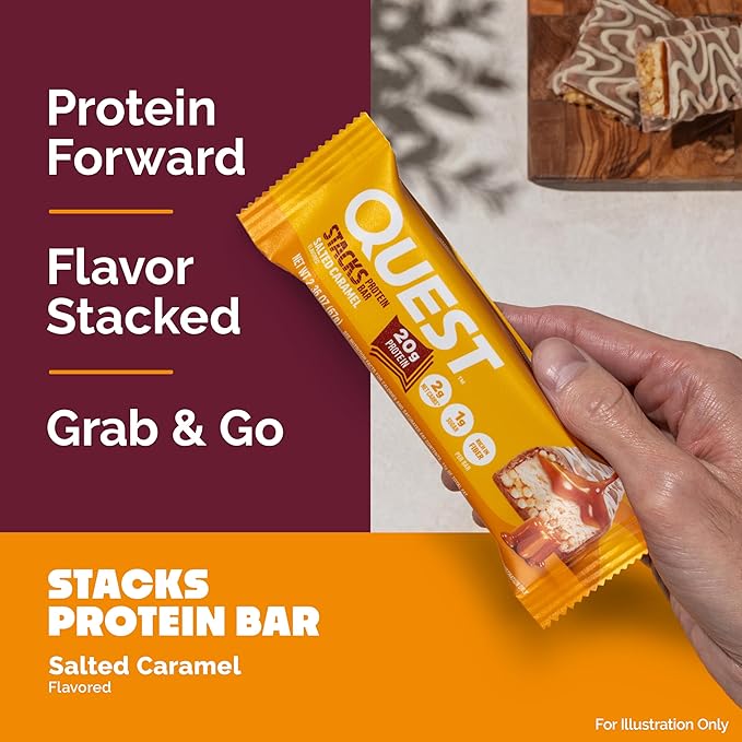 Quest Nutrition Stacks Protein Bars Salted Caramel Flavor 20g Protein 2g Net Carbs 1g Sugar High Fiber Low Sugar Gluten Free 12 Count