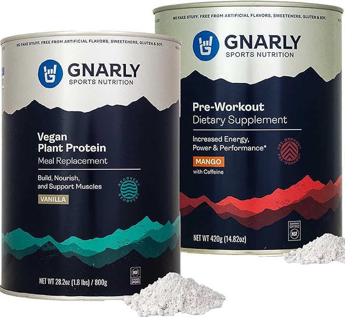 Gnarly Vegan Plant Protein Meal Replacement - Vanilla (28.2oz) and Gnarly Nutrition Preworkout Mango (14.82oz)