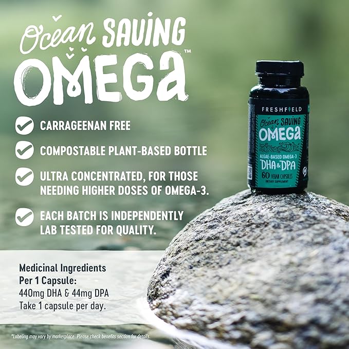 Freshfield Omega 3 DHA Supplements Potent 1 per Day Formula Algae (Algal) Oil Vegan Omega Ocean Saving Fish Oil Alt Sustainable Concentrated DHA per Capsule w/DPA