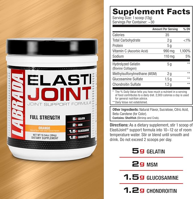 Labrada Nutrition Elastijoint Orange FlavorGlucosamine Joint Support Supplement Powder for Men &amp Women Joint Relief &amp Bone Health Supplement with MSM Glucosamine Chondroitin MSM Gluten-Fre