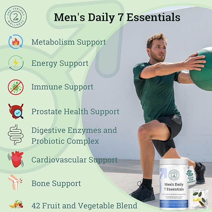 Daily 7 Essentials Men's Vitamin Pack - 7 Pack Adult Male Multivitamin &amp Multimineral Pack for Energy Metabolism Immune System Support Prostate Support with Probiotic Digestive Enzymes