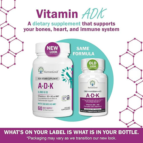 ADK Vitamin Supplement 5000 IU - High Potency Vitamins A D3 and K2 for Bone Health and Calcium Absorption | Gluten-Free Vitamin ADK Supplement 60 Day Supply 60 Capsules