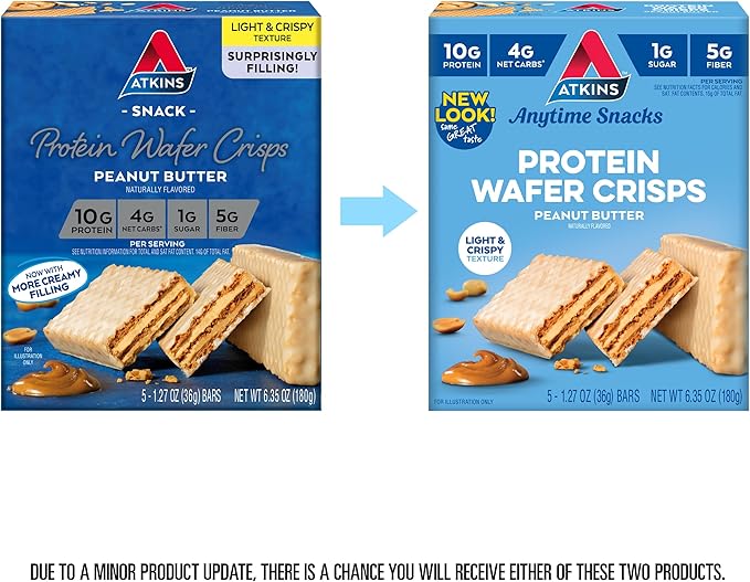 Atkins Café Caramel Protein Shake 15g Protein 3g Net Carb 1g Sugar + Atkins Peanut Butter Protein Wafer Crisps 10g Protein 4g Net Carb 1g Sugar 5 Count