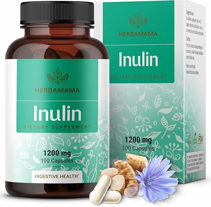 HERBAMAMA Inulin Powder Capsules 1200mg - Digestive Support &amp Gut Cleanse with Inulin Prebiotic Fiber - Vegan Non-GMO Chicory Root Powder Supplement