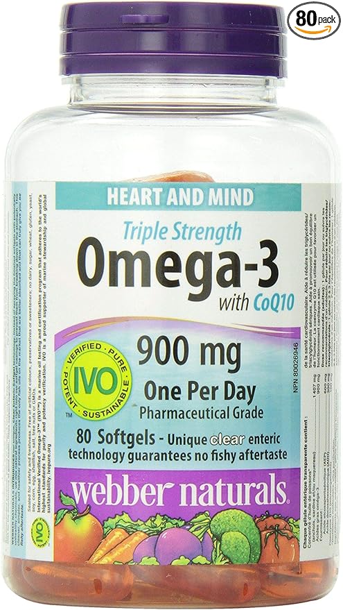 Webber Naturals Triple Strength Omega-3 with CoQ10 enteric coated 900 mg Omega-3 (EPA ? DHA)/ 100 mg CoQ10 80caps by Webber Naturals