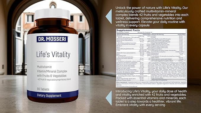 Life's Vitality Vegan Multivitamin for Men &amp Women – Non-GMO Formula with 42 Fruits and Vegetables Daily Multivitamin and Mineral Complex with Vitamin D for Immune Support 90 Tablets