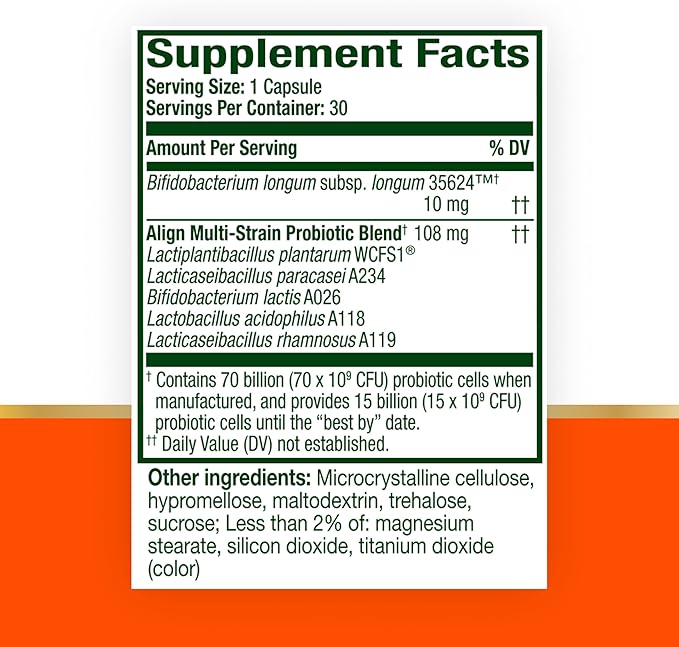 Align Probiotic 70 Billion CFU 6 Strain Blend Probiotics for Women and Men Daily Probiotics for Digestive Health Helps Relieve Occasional Bloating &amp Gas 30 Capsules