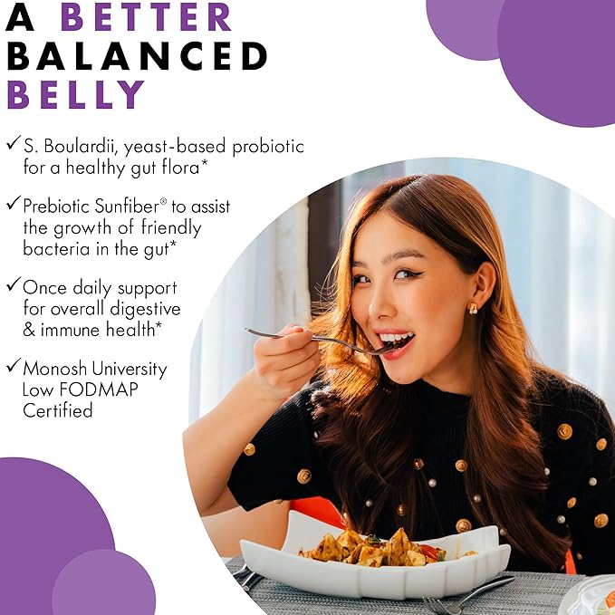 BlueBonnet Nutrition S. Boulardii Probiotic 10 Billion CFU^ w/Prebiotic Sunfiber – Shelf Stable - for Women &amp Men Digestion Gut Mood* - Non-GMO Vegan Free of Gluten Dairy &amp Soy - 30 Servi