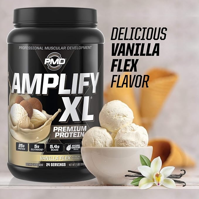 PMD Sports Amplify XL Premium Whey Protein Supplement Hydro Greens Blend - Glutamine and Whey Protein Matrix with Superfood for Muscle Strength and Recovery - Vanilla Flex (24 Servings)