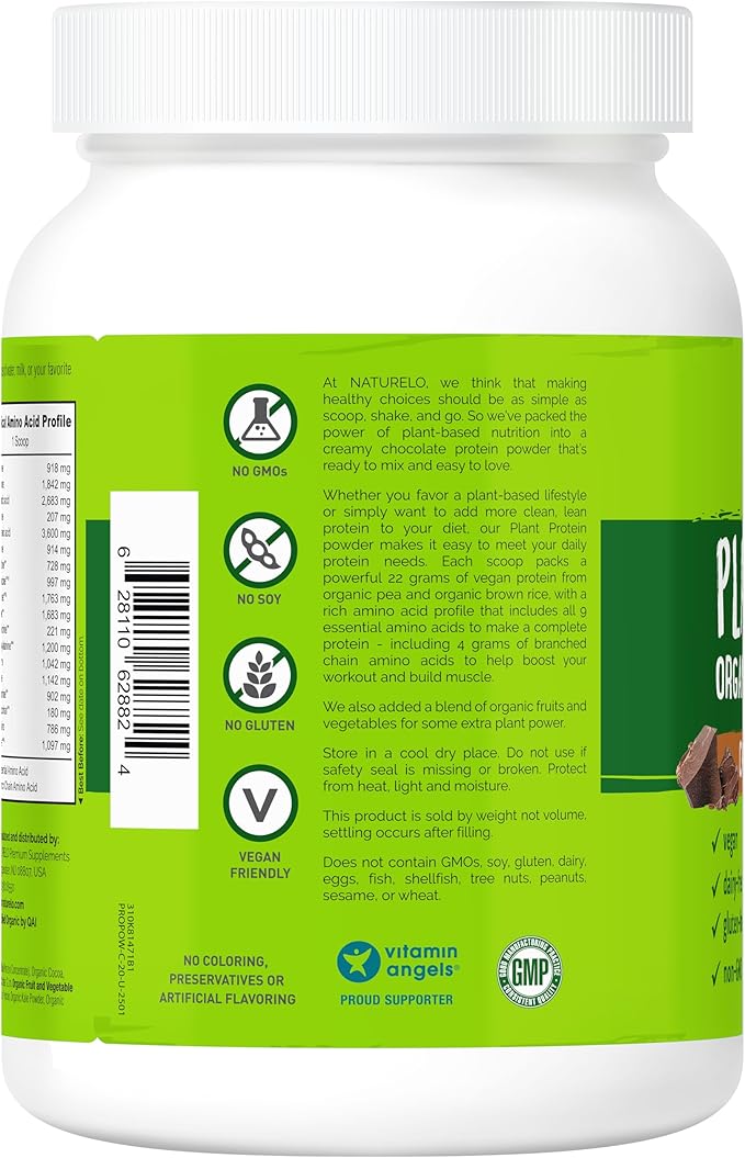 NATURELO Plant Protein Powder Chocolate 22g Protein - Non-GMO Vegan No Gluten Dairy or Soy - No Artificial Flavors Synthetic Coloring Preservatives or Additives - 20 Servings