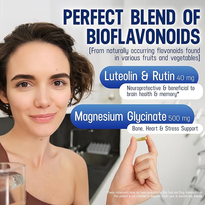 Lutimax Magnesium Glycinate 500mg w/Premium Luteolin &amp Rutin Blend - 100mg Elemental Magnesium for Stress Calm Relaxation &amp Sleep Support - Vegan Non-GMO Gluten Free &amp Made in USA -