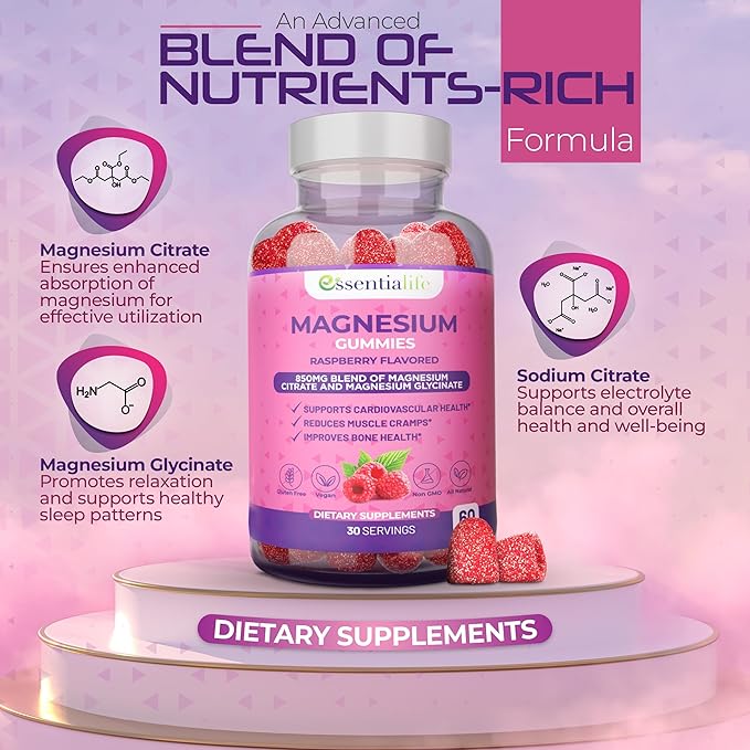 Magnesium Gummies 3 Packs Essentialife 100mg Per Serving - Blend of Magnesium Citrate &amp Magnesium Glycinate - Supports Digestion - Stay Calm &amp Wake Up Energized with Magnesium Supplements for