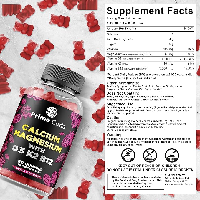Prime Code Calcium Gummies for Women &amp Men with Magnesium Vitamin B12 Vitamin K2 &amp Vitamin D3 Psyllium Husk Capsules with Magnesium Citrate and Vitamin C CoQ10 250mg with Magnesium