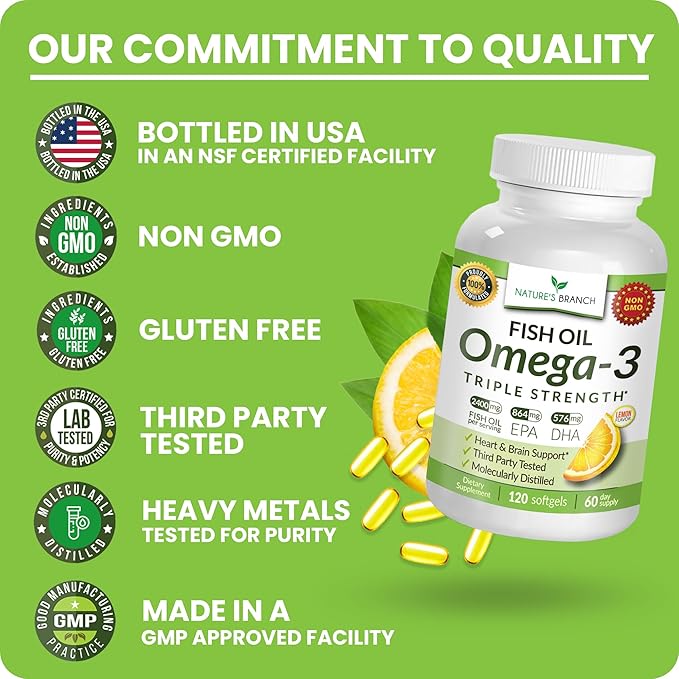 Triple Strength Omega 3 Fish Oil Supplements 2400mg | 120 Capsules Burpless High Potency Lemon Flavor High EPA DHA for Men &amp Women Ultra Pure Softgels | Joint Support Eyes Heart Brain Health P