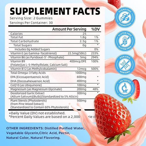 2 Pack Vegan Omega 3 Gummies 1000mg+CoQ10+Magnesium - w/Algae EPA 600mg &amp DHA 400mg Fish Oil Omega-3 Supplements Alternative for Adults for Brain Eye Immune Health Strawberry Flavor 120 Coun