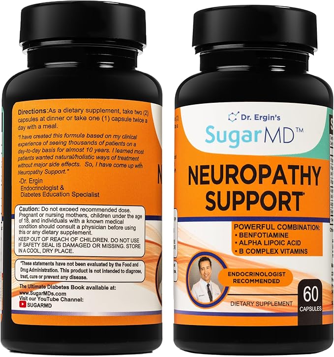 SugarMD Neuropathy Support Supplement – 60 Nerve Capsules with Alpha Lipoic Acid Benfotiamine &amp Vitamin D3 B6 B12 - Nerve Support for Feet Hands Fingers &amp Legs - 30 Day Supply