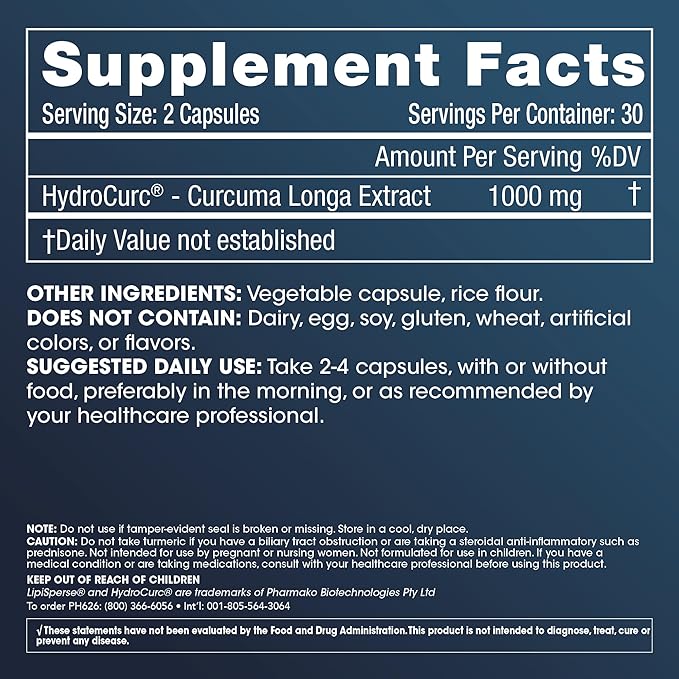 ProHealth Hydrocurc with LipiSperse Technology. Cognitive Support Promotes Joint Health Higher Bioavailability for Longevity and Mental Clarity 60 Caps 30 Day Supply