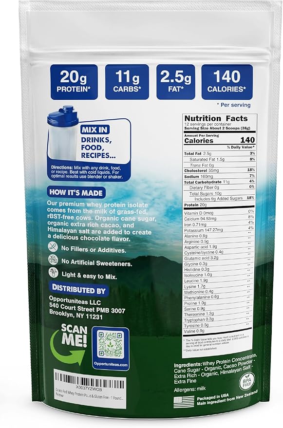Opportuniteas Grass Fed Whey Protein Powder Concentrate - Chocolate - Pure Protein Supplement - Non GMO Hormone Free &amp Gluten Free - 1lb