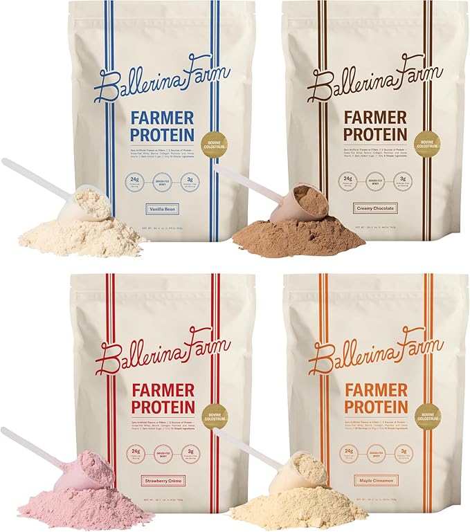 Ballerina Farm Grass Fed Whey Protein Powder 4 Flavor Variety Bundle 24g Protein with Collagen Peptides Bovine Colostrum Hemp Hearts &amp Prebiotic Fiber No Added Sugar 40 Servings Total