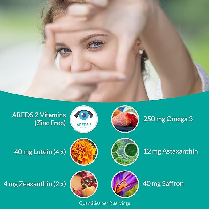UpNourish AREDS 2 Plus Eye Vitamin Supplement AREDS 2 Zinc Free Formula with Lutein Zeaxanthin Saffron Astaxanthin &amp DHA - 120 softgels