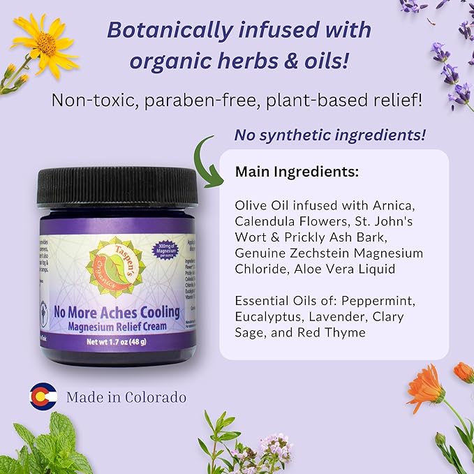 Taspen’s Organics Magnesium No More Aches Cooling Cream – Topical Magnesium Cream for Muscle Relief Sore Muscles &amp Post-Workout Recovery with Arnica Herbs &amp Essential Oils