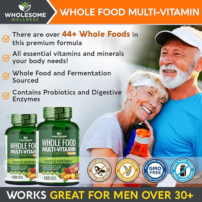 Wholesome Wellness Whole Food Multivitamin for Men - Natural Multi Vitamins Minerals Organic Extracts - Vegan Vegetarian - 120 Tablets