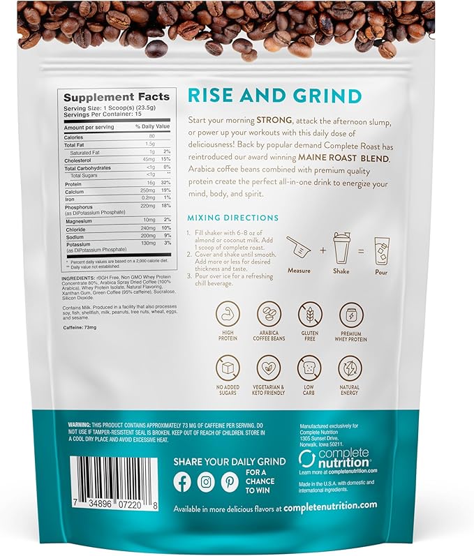 Complete Nutrition High Protein Complete Roast Iced Coffee 16 g of Quality Protein 0 g Carbs Zero Sugar 1 Shots of Espresso Keto Friendly All Natural 15 Servings 12.7 Oz