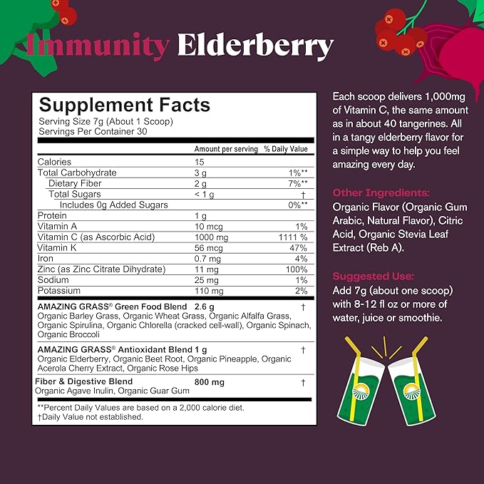 Amazing Grass Greens Blend Superfood for Immune Support: Super Greens Powder Smoothie Mix with Organic Spirulina Chlorella Beet Root Powder Digestive Enzymes &amp Probiotics Elderberry 30 Servin