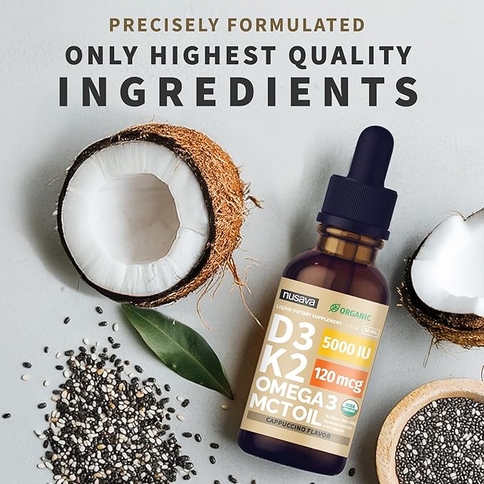 (2 Pack) Organic Vitamin D3 K2 Drops with MCT Oil Omega 3 5000 IU Maximum Strength Vitamin D Liquid No Fillers Non-GMO Liquid D3 for Faster Absorption Immune Support (Cappuccino Flavor 2 Fl Oz)