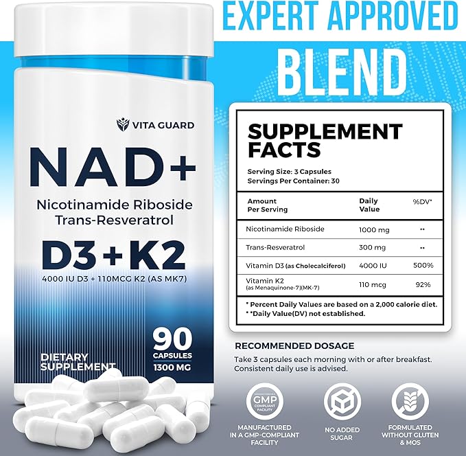 Anti-Aging Energy NAD Supplement – NMN Alternative with Nicotinamide Riboside 1000mg Trans-Resveratrol 300mg Vitamin D3 4000 IU and K2 110 mcg MK7 – Vegetarian 60 Capsules 1300mg