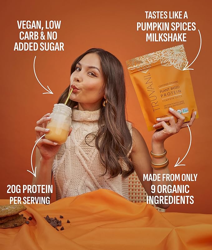 Truvani Vegan Pea Protein Powder | Pumpkin Spice | 20g Organic Plant Based Protein | 20 Servings | Keto | Gluten &amp Dairy Free | Low Carb | No Added Sugar