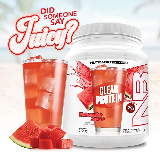 NutraBio Clear Protein Powder Watermelon Breeze - 20 Servings 20g Clear Whey Protein Isolate 0 Sugar 0g Lactose Refreshing Fruit Flavors GLP1 Support -Bone Health - Muscle Post Workout Recovery