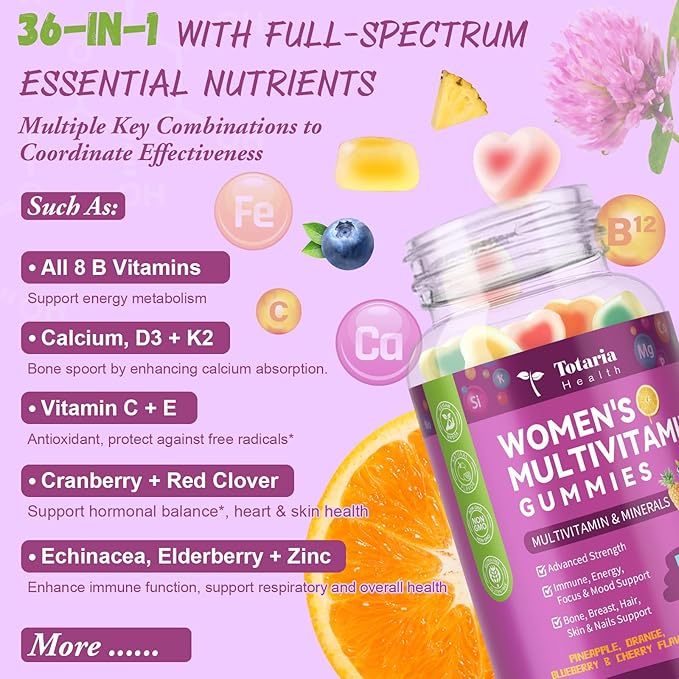 (2 Pcs) Totaria Sugar Free Multivitamin Gummies for Women 14+ w/Iron Inositol Folate Biotin Womens Daily Multivitamin Gummy w/Vitamin A C B D3 K2 for Hair Skin Energy Immune Mixed Flavors