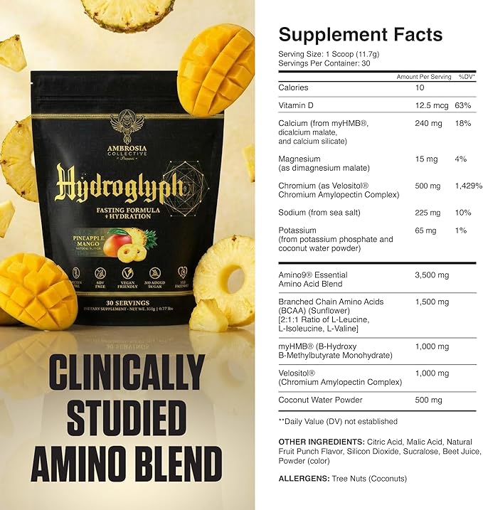 Ambrosia Hydroglyph Intraworkout Electrolytes Hydration Drink Mix | Sugar Free Electrolyte Powder with Amino Acids | Supports Lean Muscle During Fasting | 30 Servings | Pineapple Mango